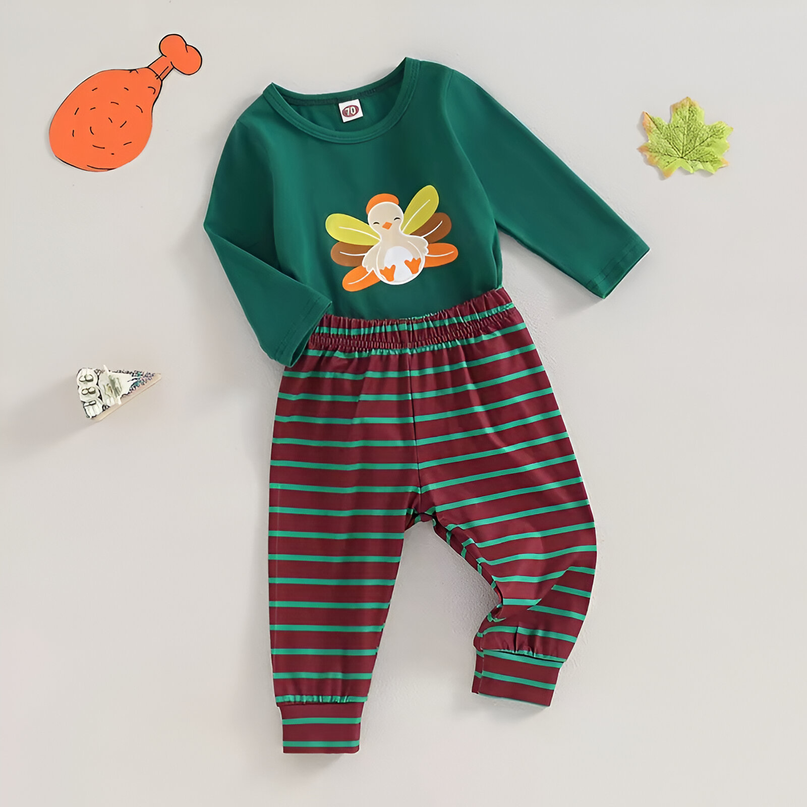 Thanksgiving Turkey Romper & Stripe Pants Set for Toddlers – 2Pcs Outfit - Image 2