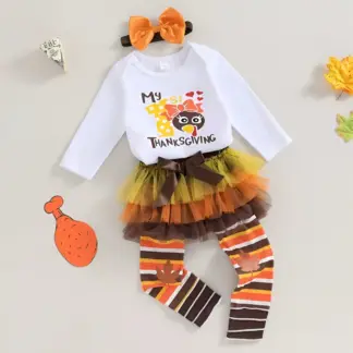 Baby Girl 4Pcs Thanksgiving Outfit Set – Turkey Romper, Shorts, Leg Warmers & Headband