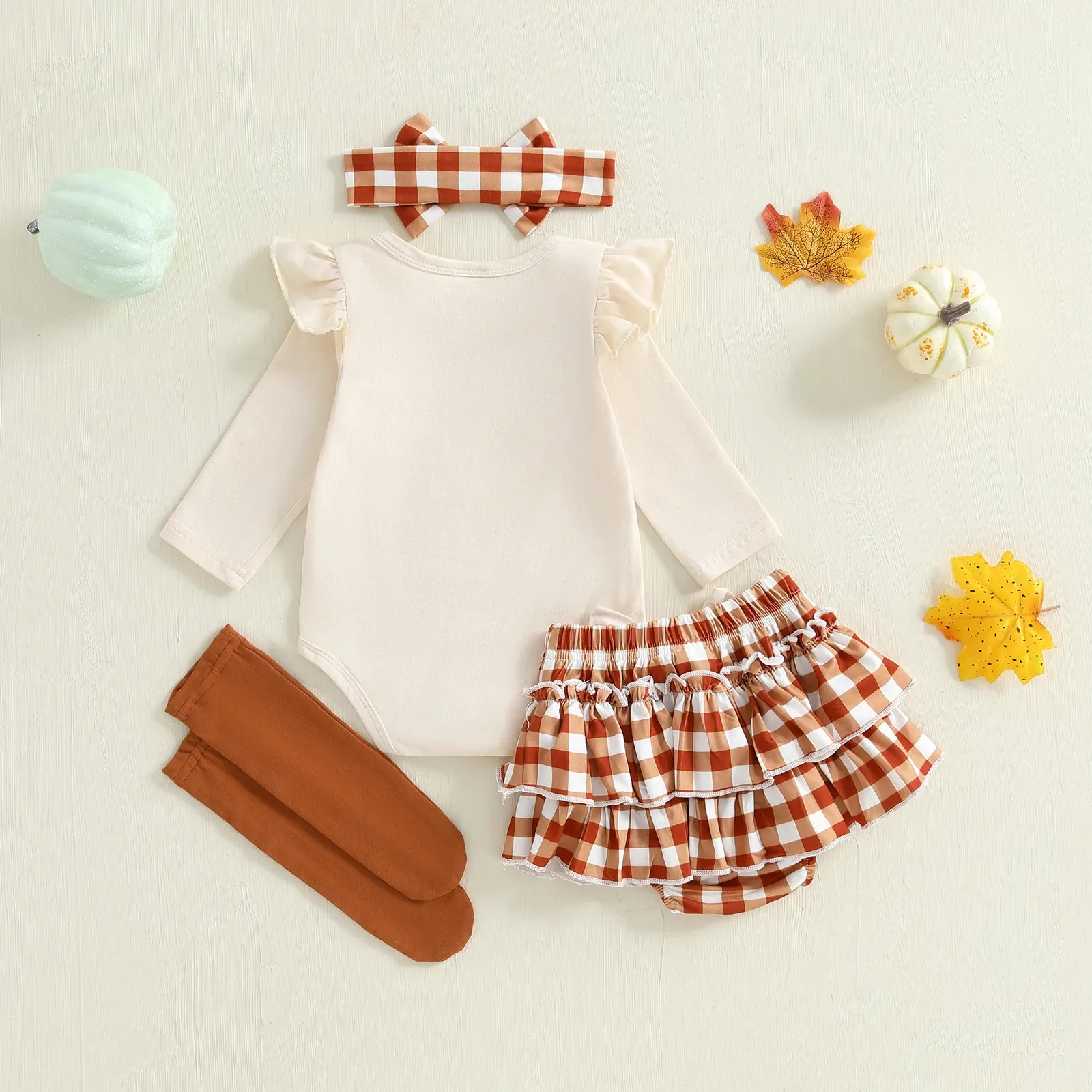 Baby Girl Thanksgiving Outfit Romper Set with Plaid Shorts & Accessories - Image 4