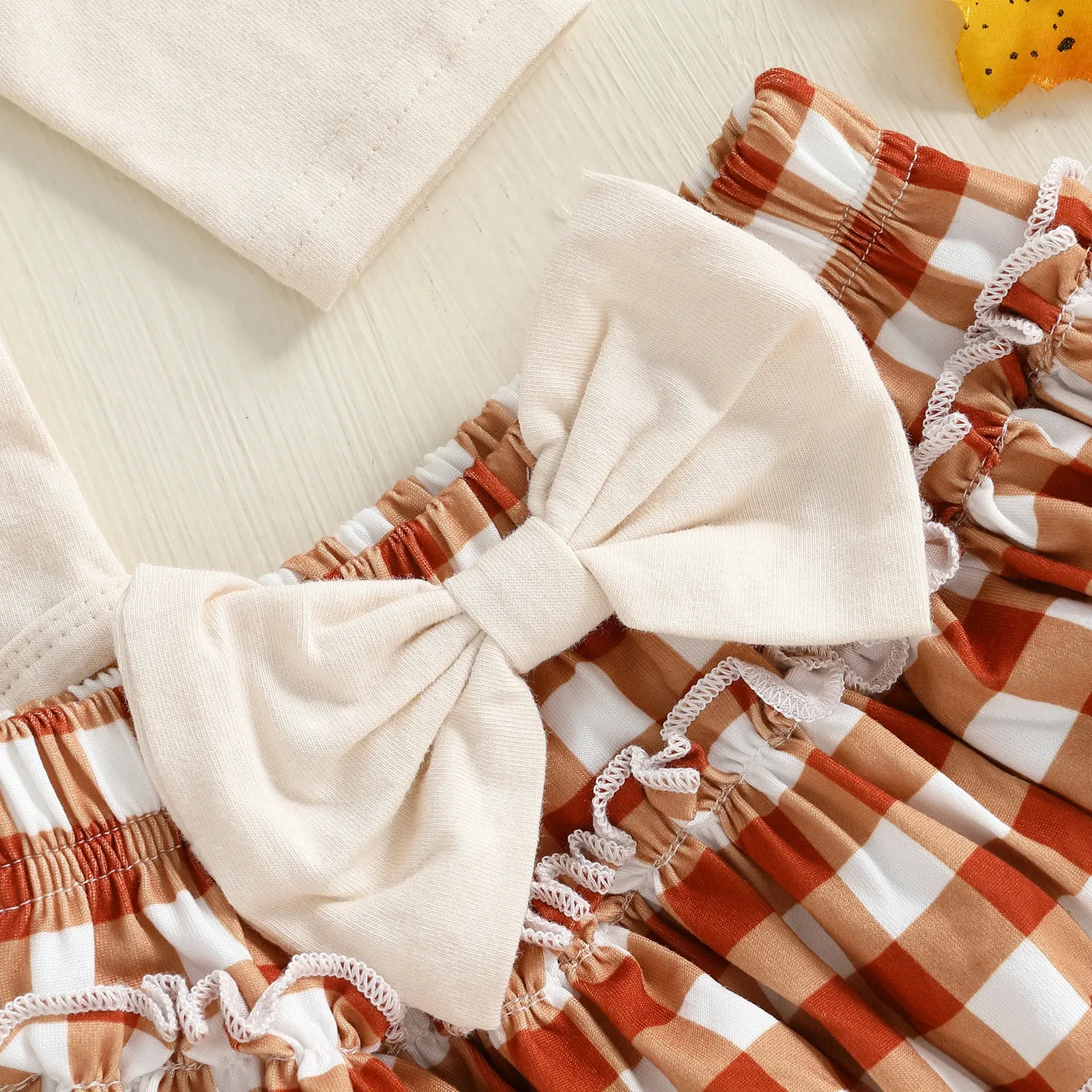 Baby Girl Thanksgiving Outfit Romper Set with Plaid Shorts & Accessories - Image 2