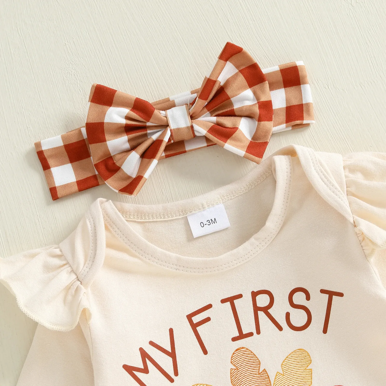 Baby Girl Thanksgiving Outfit Romper Set with Plaid Shorts & Accessories - Image 5