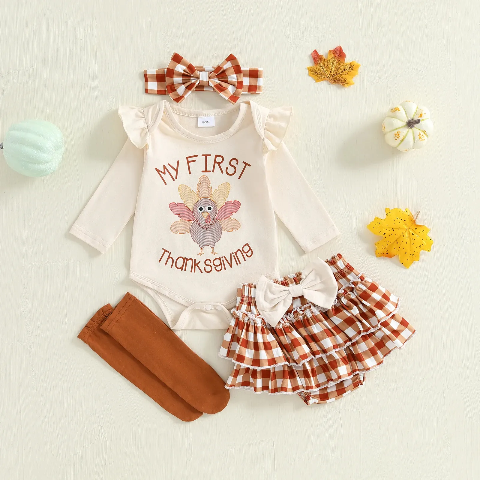Baby Girl Thanksgiving Outfit Romper Set with Plaid Shorts & Accessories - Image 3