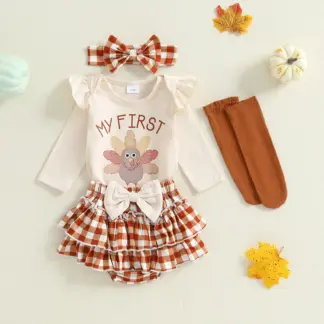 Baby Girl Thanksgiving Outfit Romper Set with Plaid Shorts & Accessories