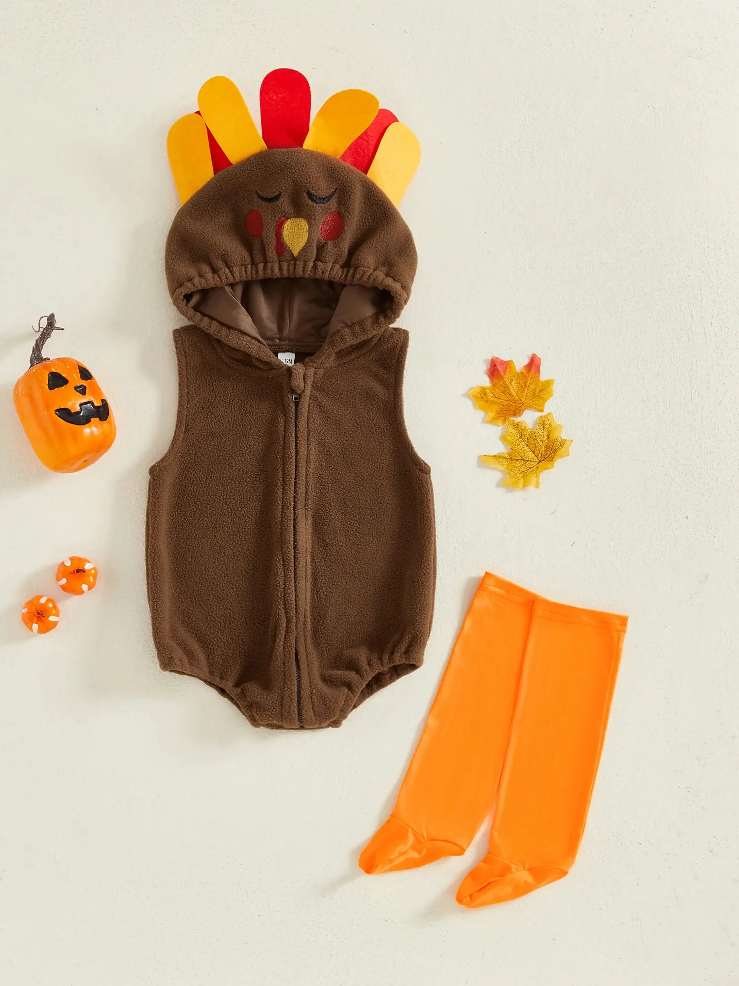 Adorable Baby Turkey Costume Sleeveless Hooded Romper with Foot Covers - Image 2