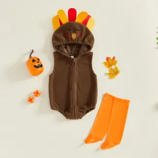 Adorable Baby Turkey Costume Sleeveless Hooded Romper with Foot Covers