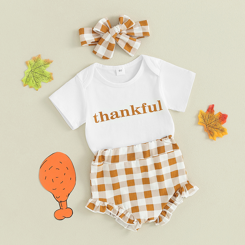 Adorable Infant Girl Thanksgiving Jumpsuit with Ruffled Shorts & Bow Headband - Image 3