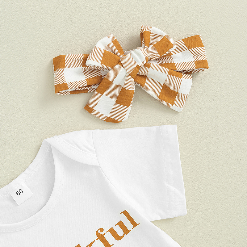 Adorable Infant Girl Thanksgiving Jumpsuit with Ruffled Shorts & Bow Headband - Image 5