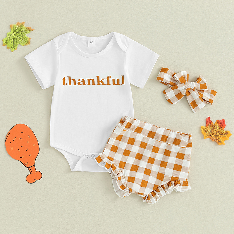 Adorable Infant Girl Thanksgiving Jumpsuit with Ruffled Shorts & Bow Headband