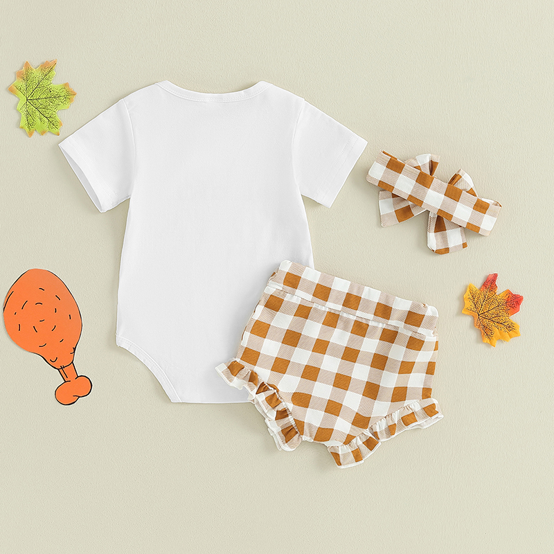Adorable Infant Girl Thanksgiving Jumpsuit with Ruffled Shorts & Bow Headband - Image 2