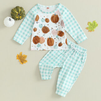 Cute Baby Boys Pumpkin Print Shirt & Plaid Pants Set - Cozy Fall Outfit