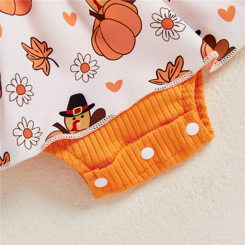 Baby Girl Thanksgiving Outfit 2PCS Turkey Print Romper with Headband - Image 5