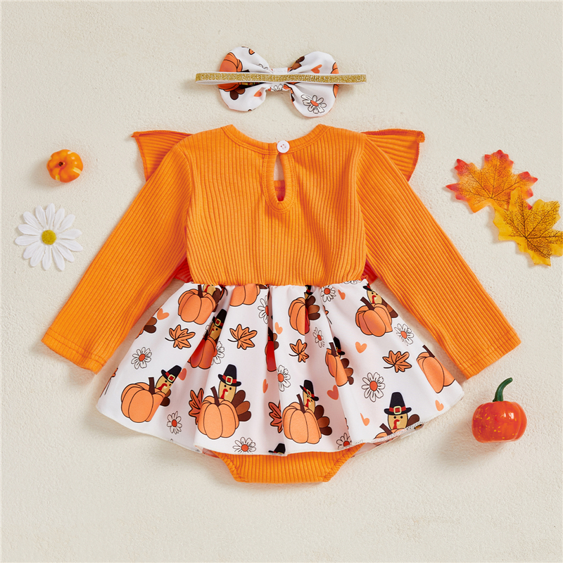Baby Girl Thanksgiving Outfit 2PCS Turkey Print Romper with Headband - Image 2
