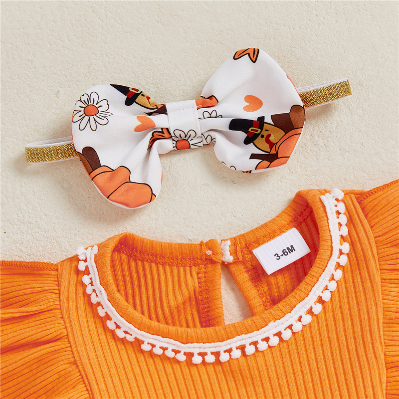 Baby Girl Thanksgiving Outfit 2PCS Turkey Print Romper with Headband - Image 4