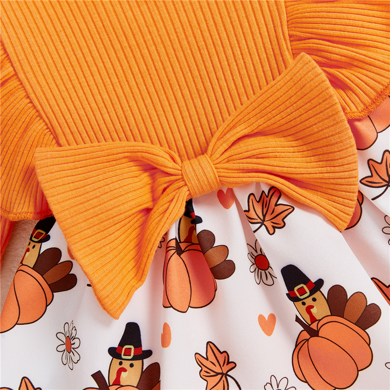 Baby Girl Thanksgiving Outfit 2PCS Turkey Print Romper with Headband - Image 3