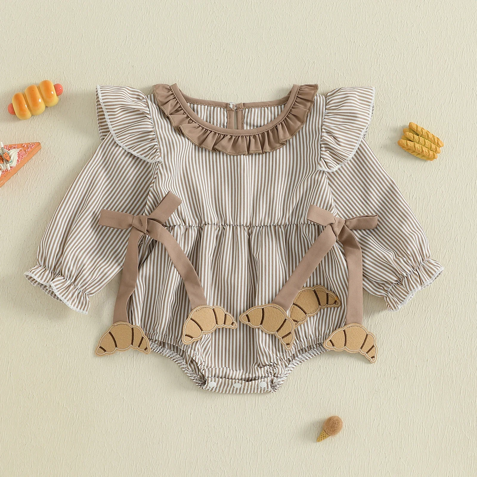Newborn Baby Girl Thanksgiving Romper – Striped Long Sleeve Ruffle Bodysuit
