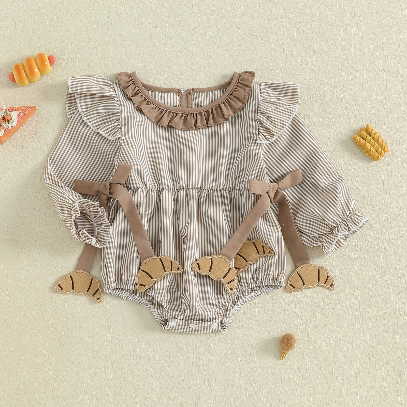 Newborn Baby Girl Thanksgiving Romper – Striped Long Sleeve Ruffle Bodysuit - Image 4