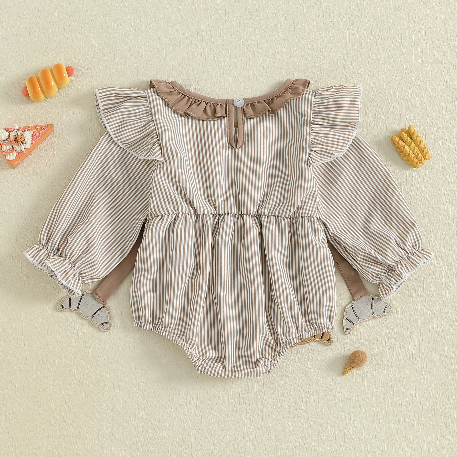 Newborn Baby Girl Thanksgiving Romper – Striped Long Sleeve Ruffle Bodysuit - Image 3