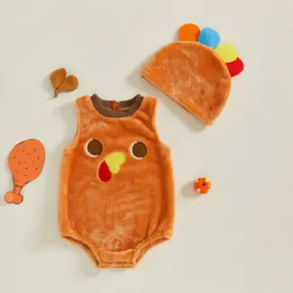 Baby Thanksgiving Turkey Romper with Hat 2-Piece Set – Plush Sleeveless Outfit