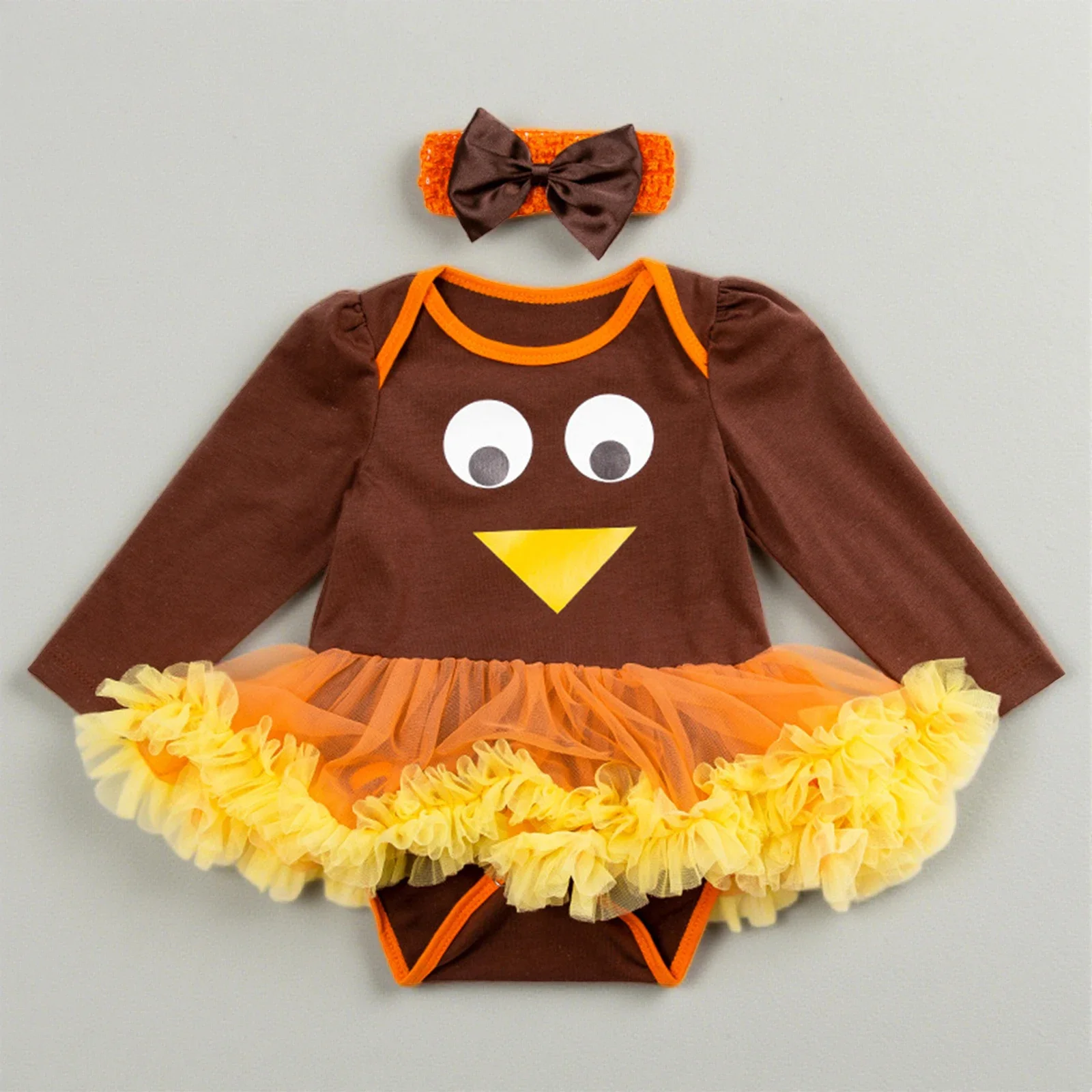 Baby Girl Thanksgiving Turkey Print Romper Dress & Bow Headband Set - Image 6