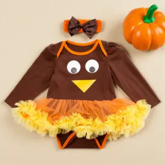 Baby Girl Thanksgiving Turkey Print Romper Dress & Bow Headband Set
