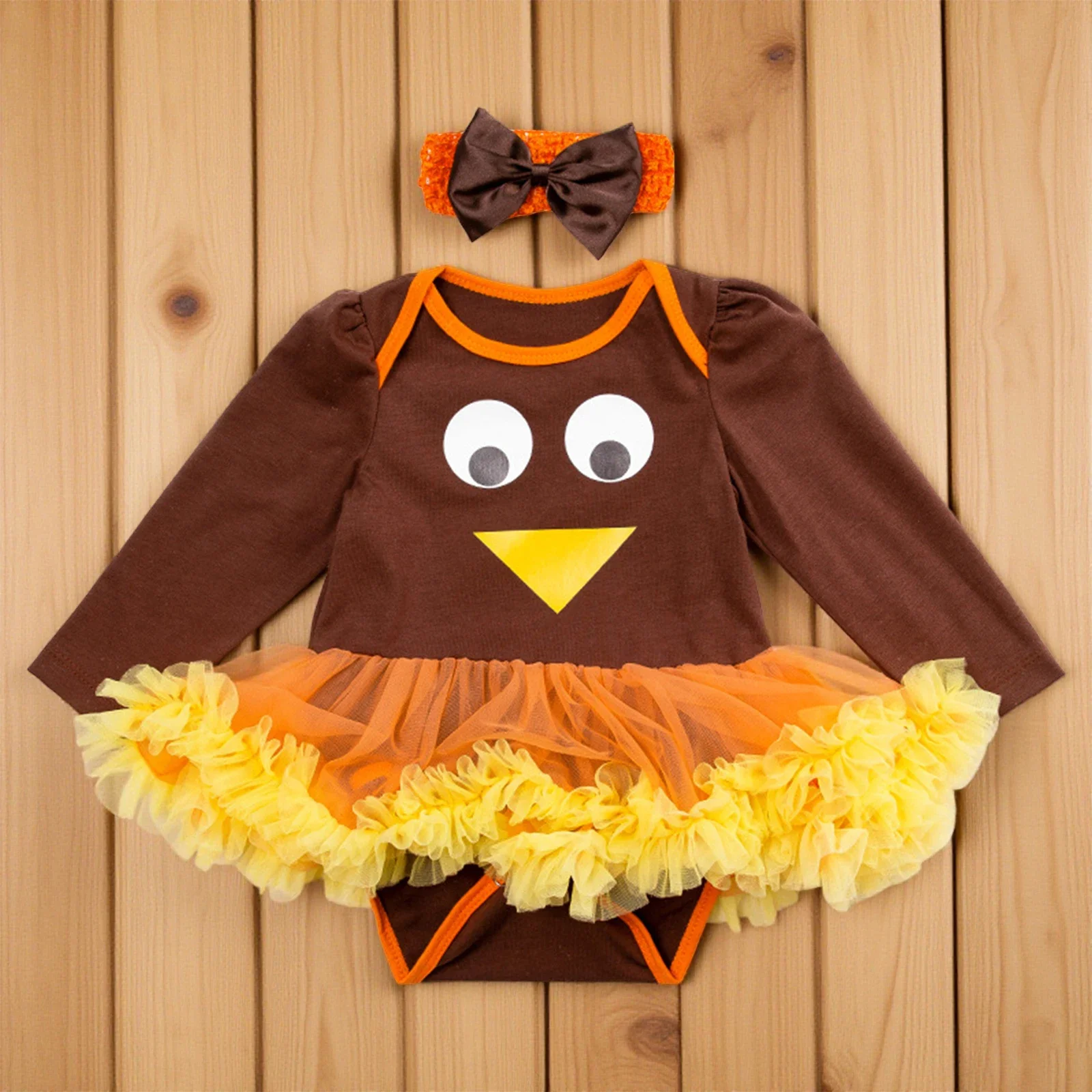 Baby Girl Thanksgiving Turkey Print Romper Dress & Bow Headband Set - Image 3