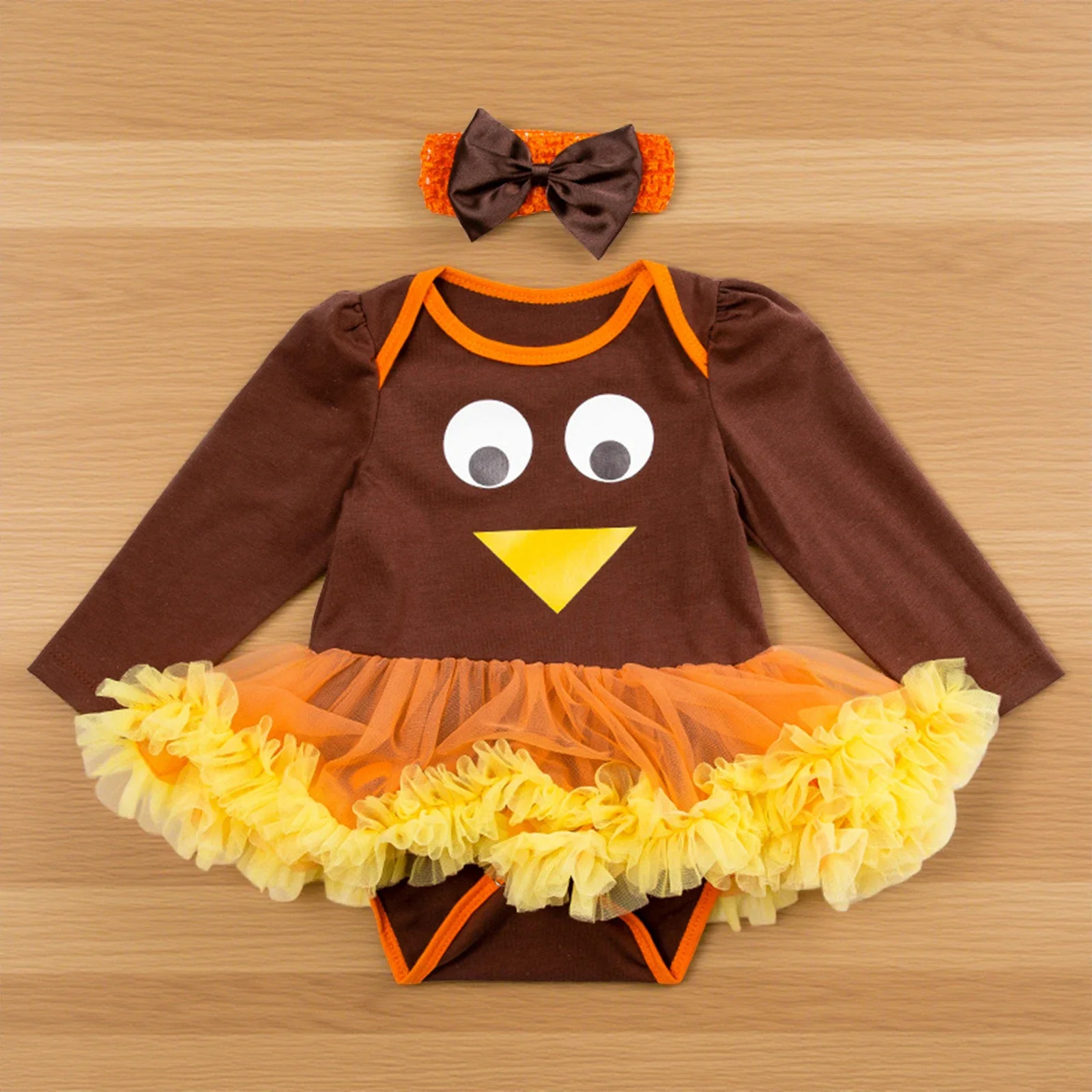 Baby Girl Thanksgiving Turkey Print Romper Dress & Bow Headband Set - Image 4