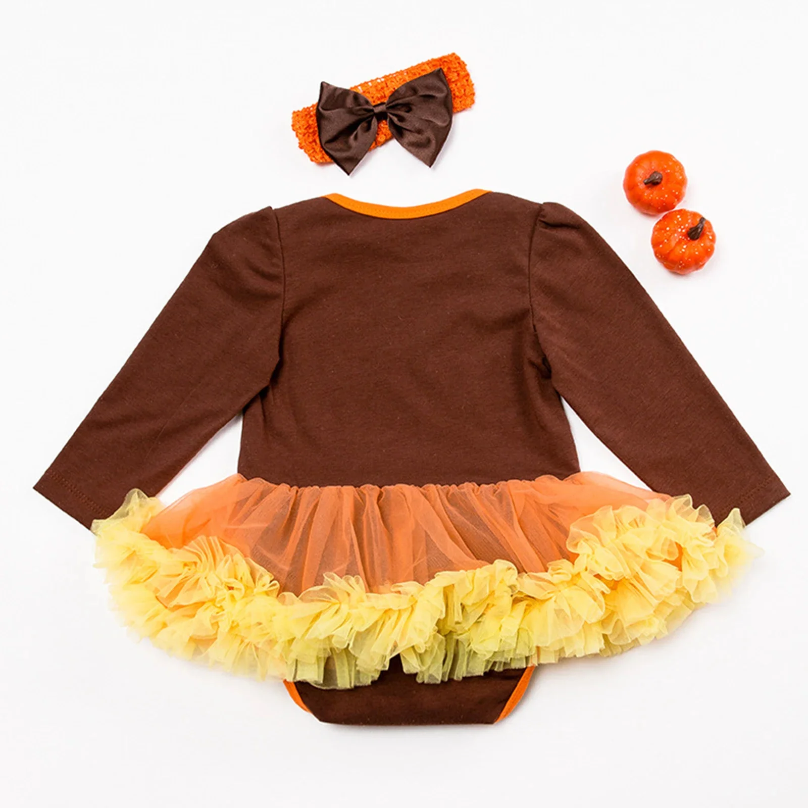 Baby Girl Thanksgiving Turkey Print Romper Dress & Bow Headband Set - Image 2