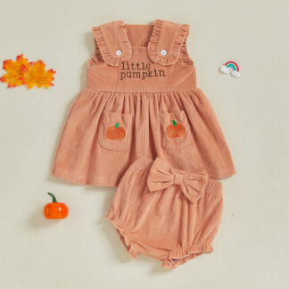 Toddler Baby Girl Pumpkin Outfit - Sleeveless Babydoll Top & Ruffle Shorts 2-Piece Set