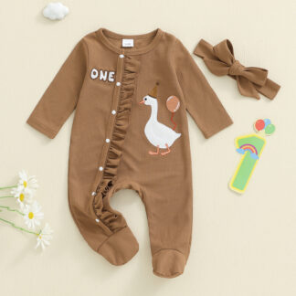 Autumn Newborn Baby Romper with Duck Embroidery and Headband - Long Sleeve Footed Jumpsuit