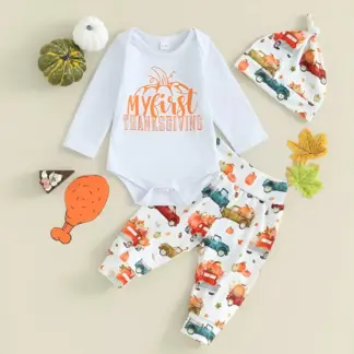 Baby Thanksgiving Outfit 3Pcs Set – Letter Print Romper, Pumpkin Pants & Hat