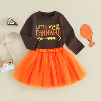 Toddler Girls Fall Thanksgiving Outfit Set - Letter Print Top & Layered Tulle Skirt