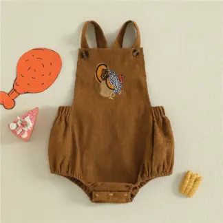 Infant Thanksgiving Corduroy Overalls with Turkey Embroidery – Unisex Fall Romper