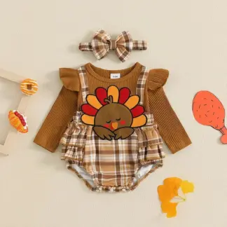 Baby Girl Thanksgiving Turkey Plaid Romper & Headband Set – Fall Outfit