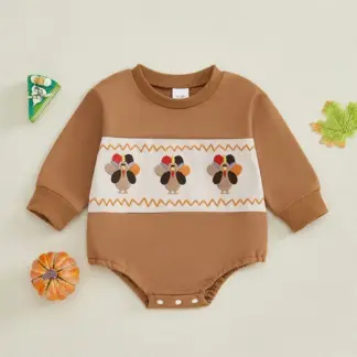 Autumn Thanksgiving Turkey Embroidered Baby Romper – Cozy Fall Outfit for Infants