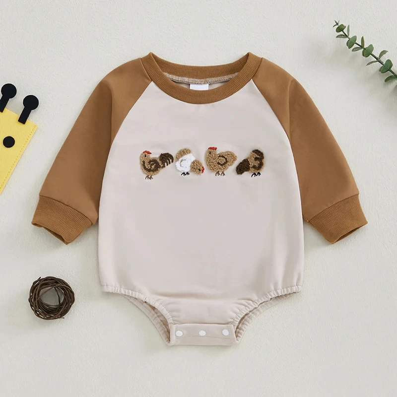 Adorable Chick Embroidered Baby Romper – Cozy Fall Long Sleeve Jumpsuit