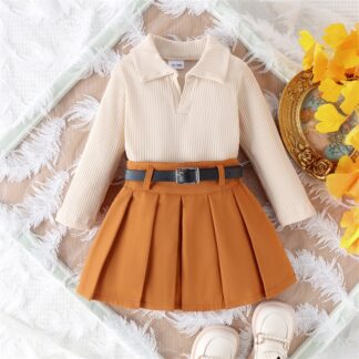 Kids Fall Outfit Long Sleeve Top with Pleated Skirt & Belt Set
