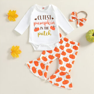 Baby Girl Outfit Set - Pumpkin Print Romper, Flare Pants & Bow Headband