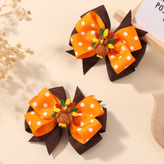 Thanksgiving Bow Hair Clips Set for Baby Girls – 2Pcs Turkey & Pumpkin Design