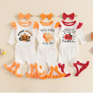 Baby Girl Cute Pumpkin Outfit 3-Piece Set with Romper, Flare Pants & Bow