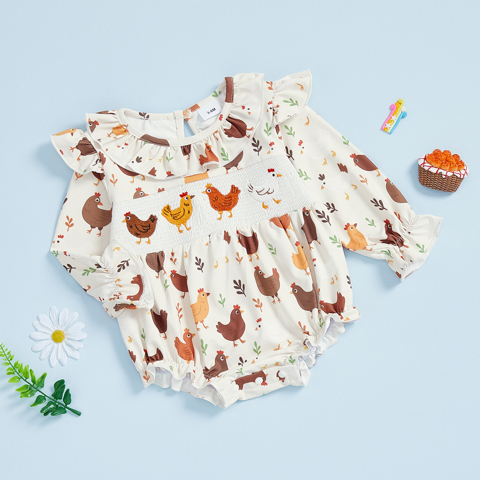 Baby Girl Autumn Ruffled Romper with Chicken Embroidery – 0-18M - Image 2