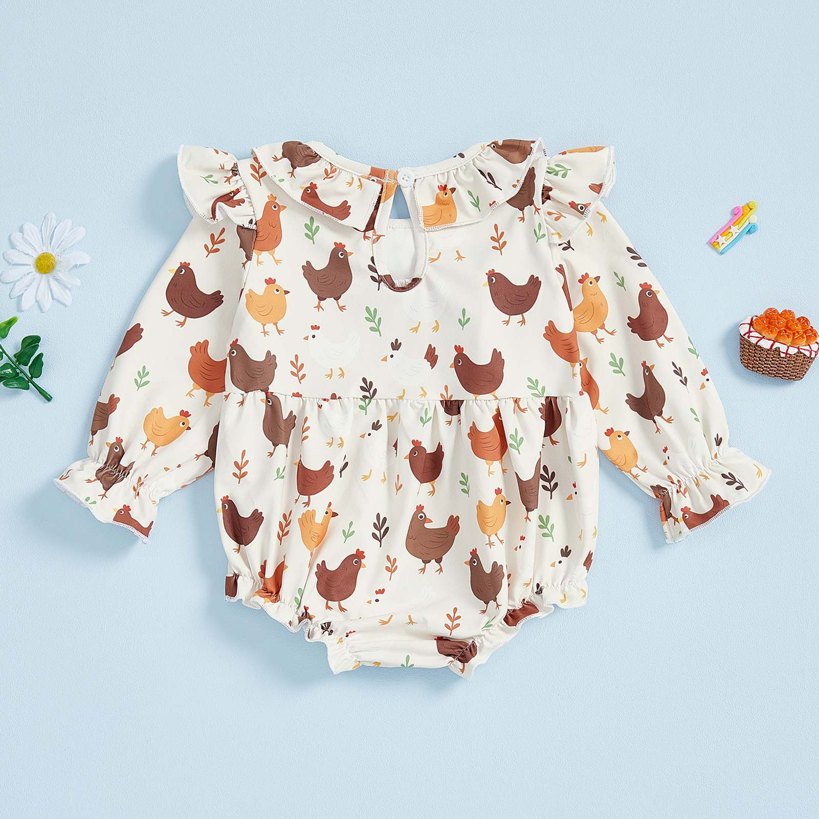 Baby Girl Autumn Ruffled Romper with Chicken Embroidery – 0-18M - Image 4