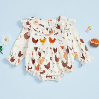 Baby Girl Autumn Ruffled Romper with Chicken Embroidery – 0-18M