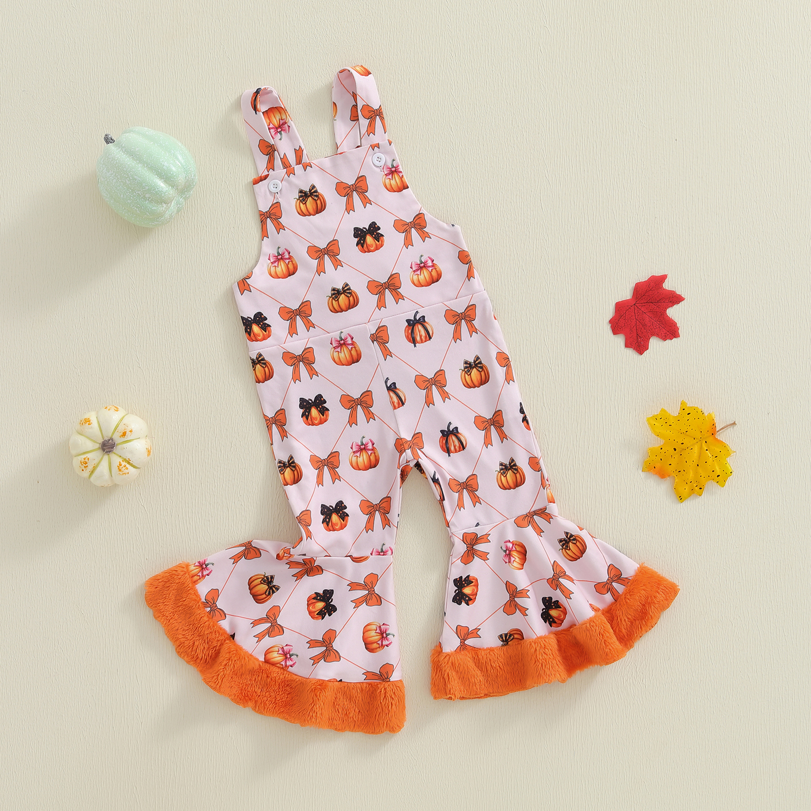 Toddler Girls Pumpkin Bow Flare Overalls Romper Jumpsuit - Image 2