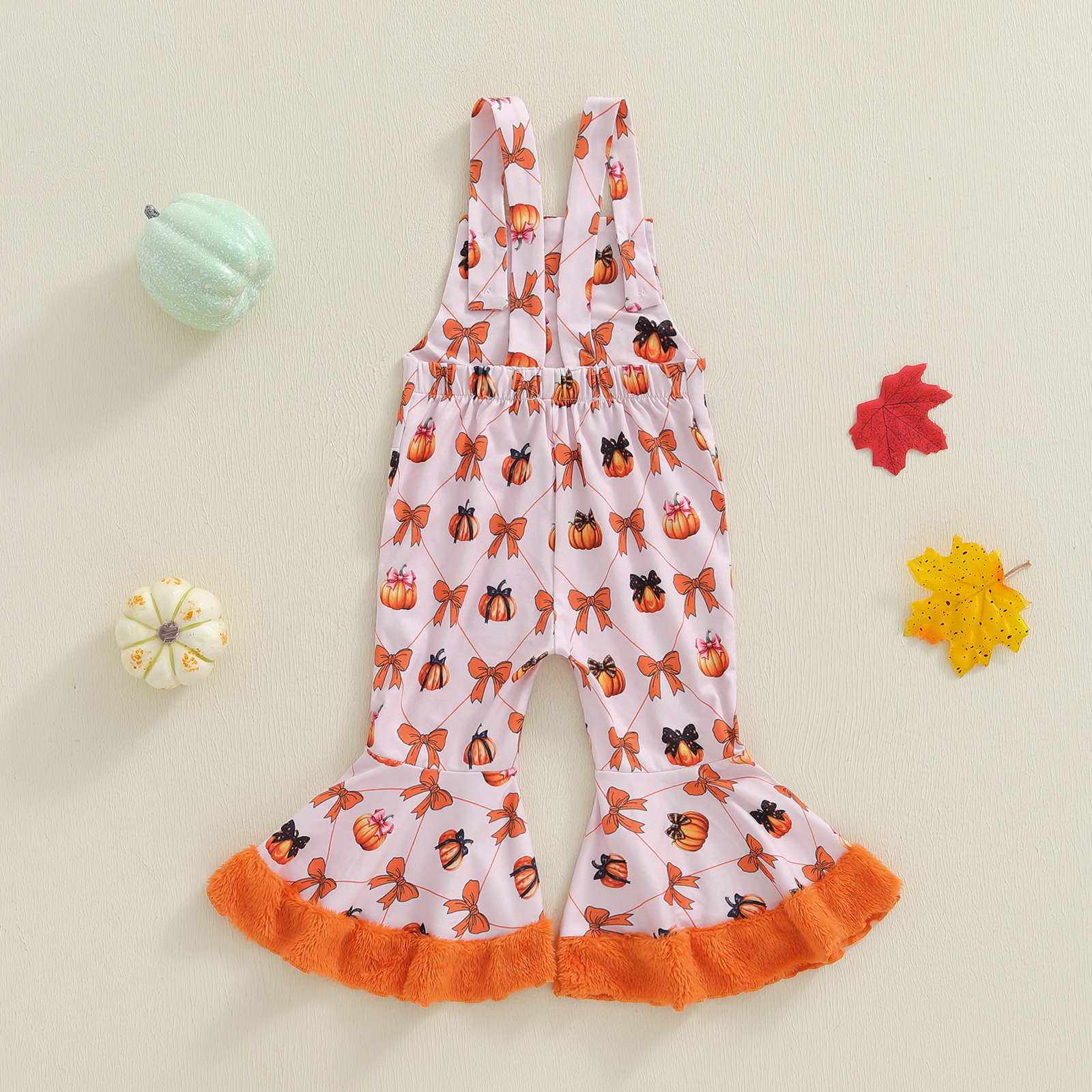Toddler Girls Pumpkin Bow Flare Overalls Romper Jumpsuit - Image 4