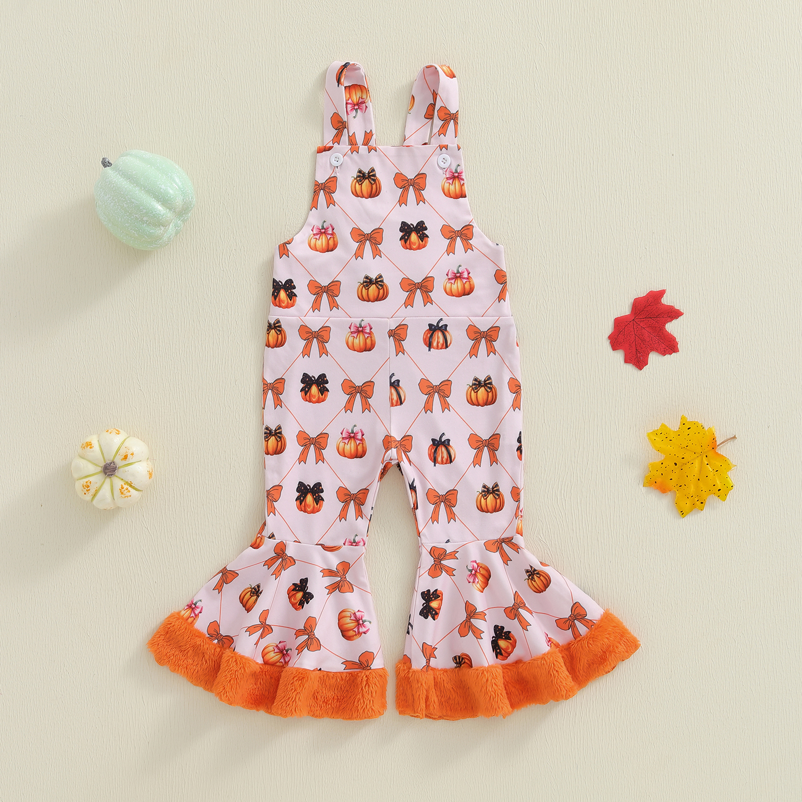 Toddler Girls Pumpkin Bow Flare Overalls Romper Jumpsuit