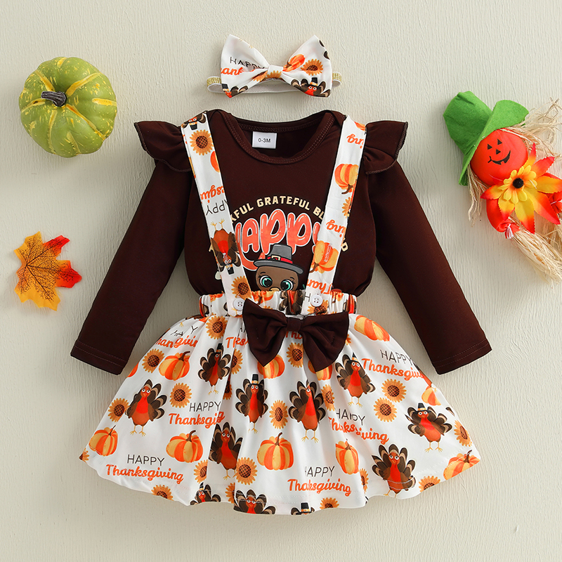 Baby Girls Thanksgiving Outfit Set - Adorable Romper and Skirt - Image 4