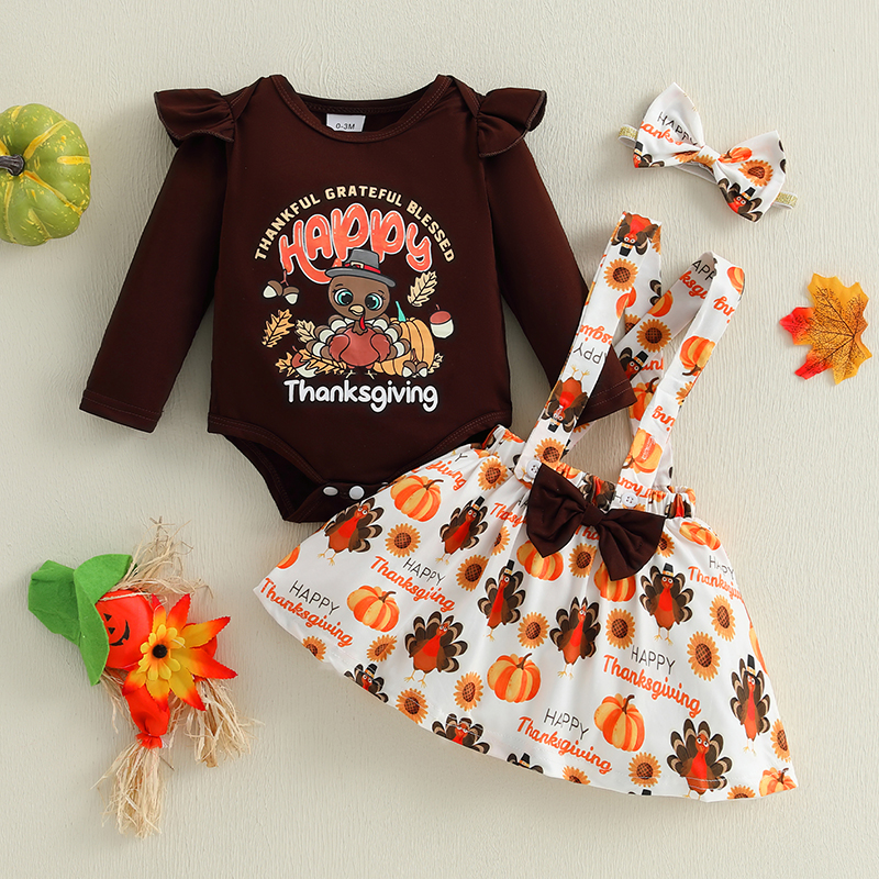 Baby Girls Thanksgiving Outfit Set - Adorable Romper and Skirt - Image 2