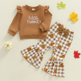 Toddler Girl Thanksgiving Outfit 2 Piece Set – Letter Sweatshirt & Plaid Turkey Flare Pants