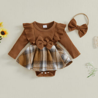 Baby Girl Fall Outfit 2Pcs Long Sleeve Plaid Romper with Headband Set