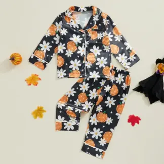 Girls Pajama Set – Long Sleeve Floral Pumpkin Print Sleepwear